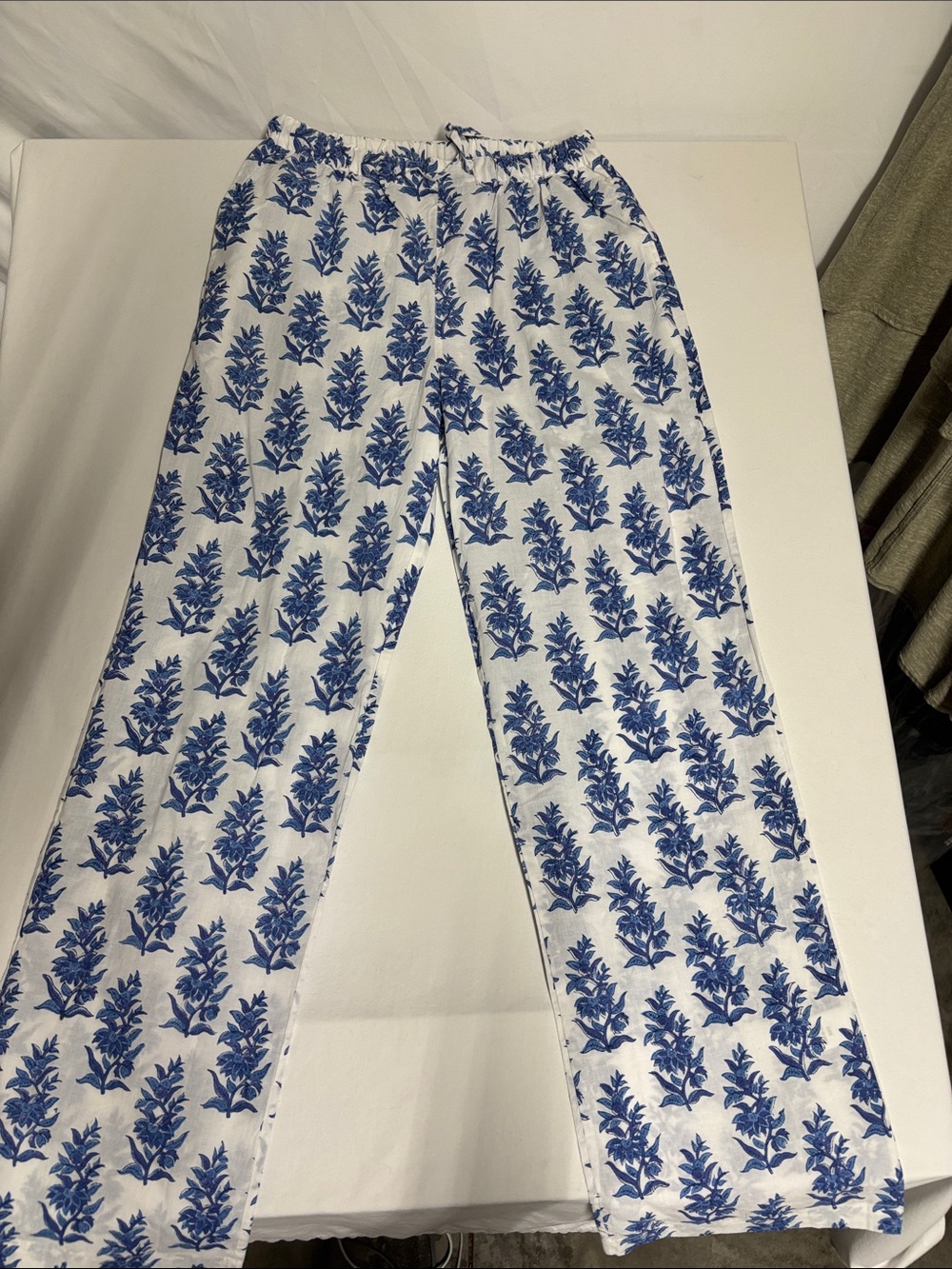 Anokhi 100% Cotton Blue White Block Print Wide Leg Pants XS